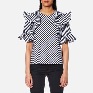 MSGM Frill Blue White Stripe Crewneck Ruffle Cotton Short Sleeve Blouse IT40 US4